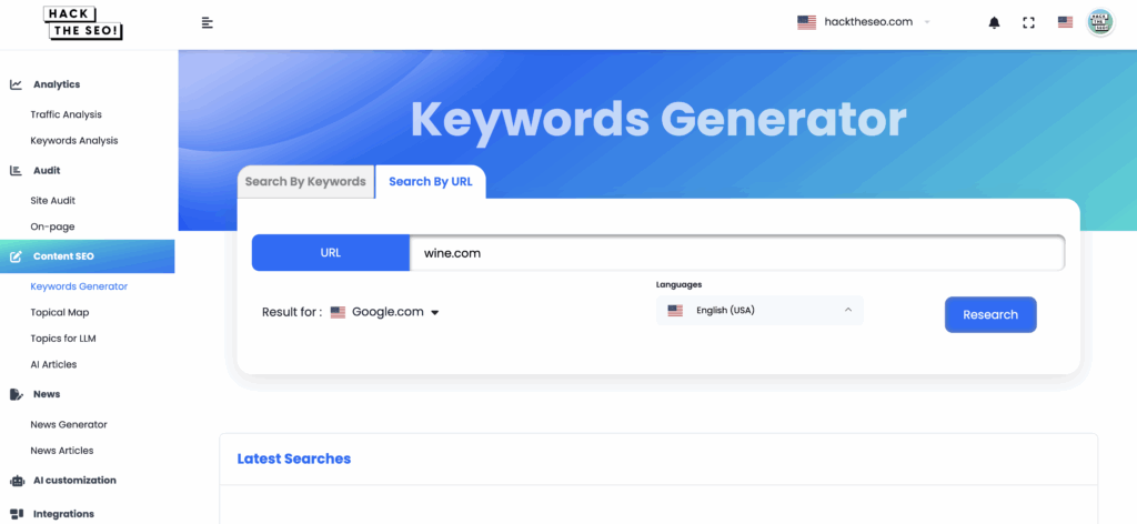 Keywords Generator with URL input wine.com