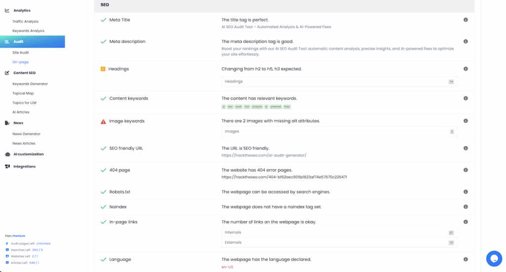 SEO section with green:yellow:red rows