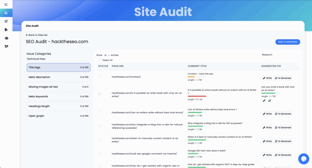 Site Audit - main screen after crawl