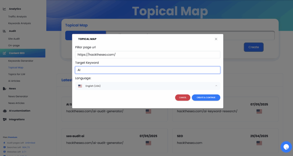 Topical Map input modal with keyword AI