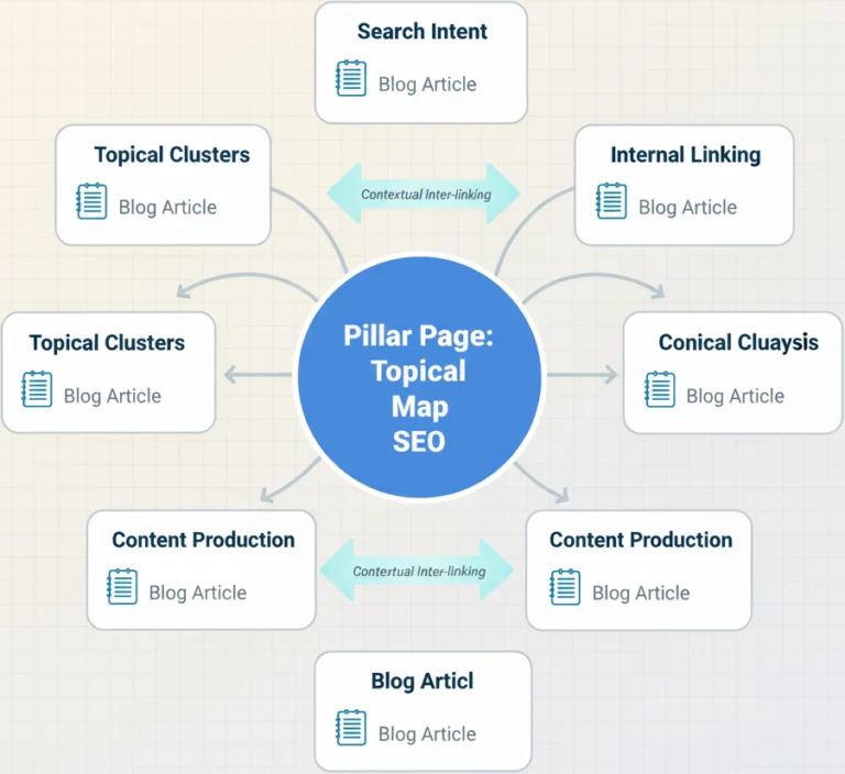 SEO topical map structure showing pillar page connected to content clusters with internal links
