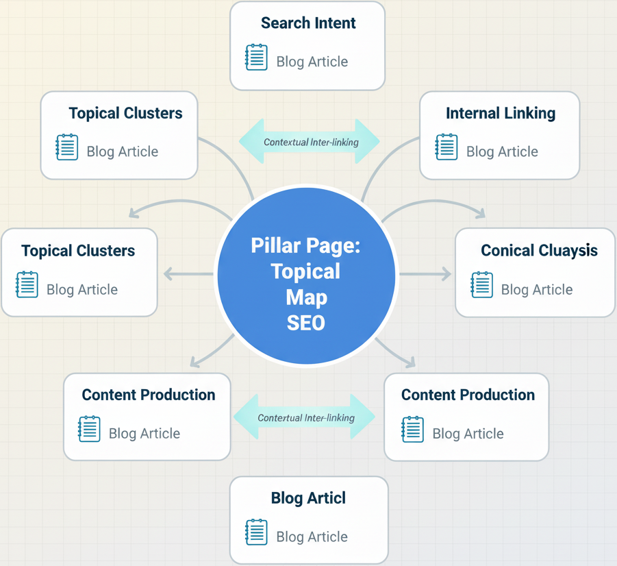 SEO topical map structure showing pillar page connected to content clusters with internal links
