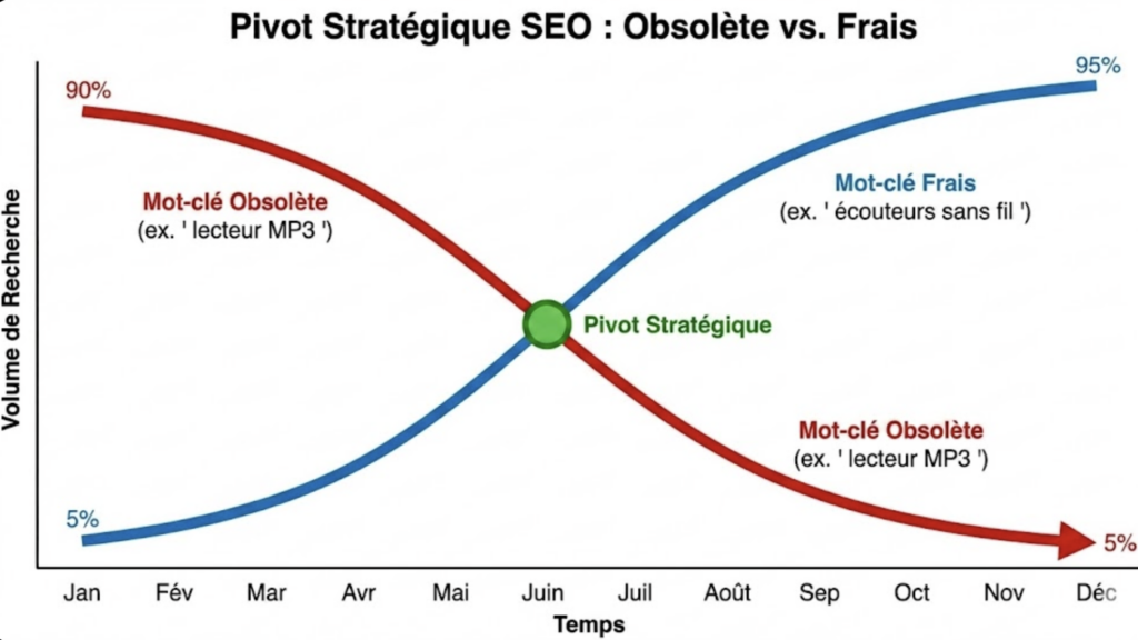 Comparaison de tendance entre un mot-clé en déclin et une opportunité émergente détectée grâce à des données SEO fraîches.