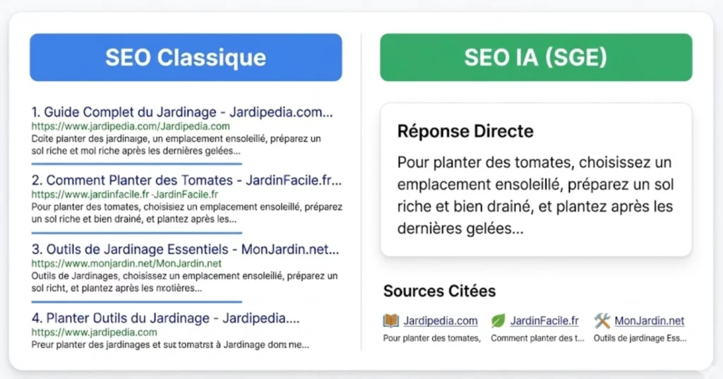 Comparaison entre les résultats de recherche classiques et la nouvelle expérience générative (SGE) de Google.