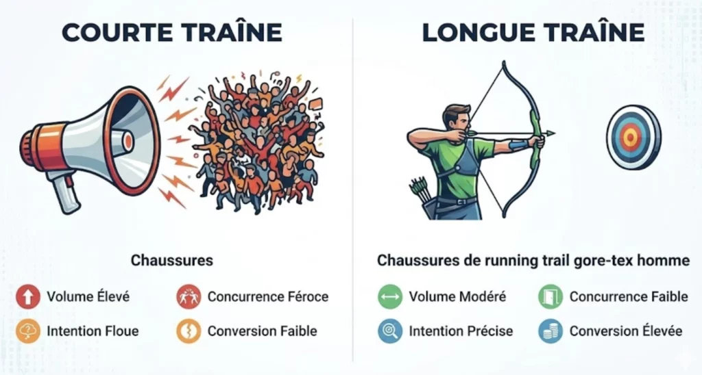 Stratégie longue traîne : créer une stratégie de contenu performante avec un générateur de mots clés 2 Comparaison visuelle des caractéristiques SEO entre la courte traîne et la longue traîne, volume, concurrence et conversion.