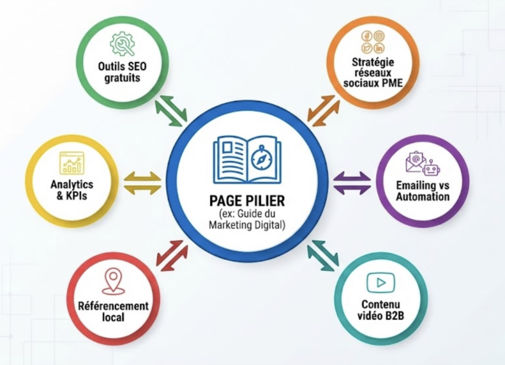 Stratégie longue traîne : créer une stratégie de contenu performante avec un générateur de mots clés 5 Diagramme d'architecture de contenu en Topic Cluster, montrant les liens entre la page pilier et les articles satellites longue traîne.