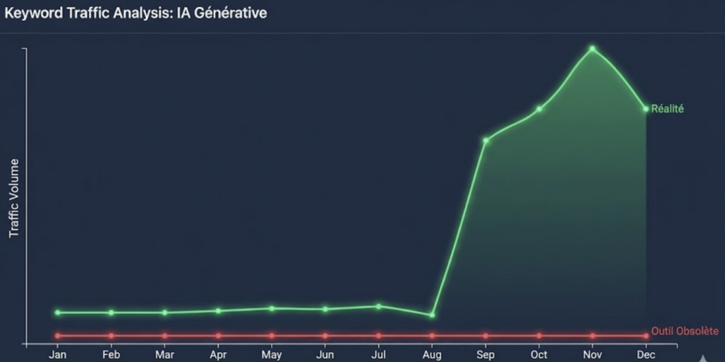 Graphique comparant le volume de recherche réel en temps réel versus les données lissées d'un outil SEO obsolète.