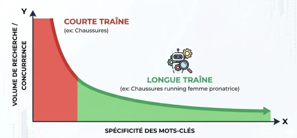 Stratégie longue traîne : créer une stratégie de contenu performante avec un générateur de mots clés 1 Graphique illustrant la différence de volume et de concurrence entre les mots-clés de courte traîne et de longue traîne en SEO.