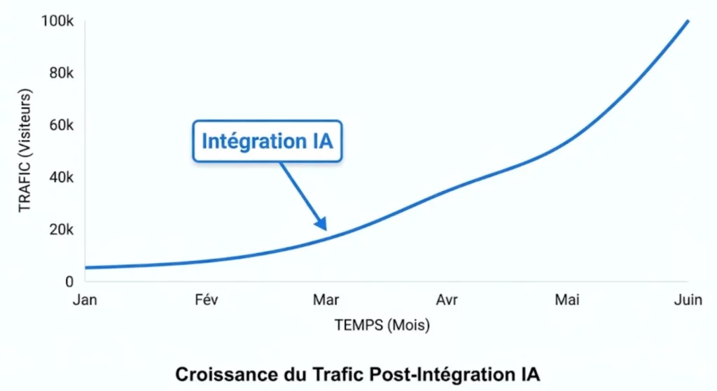 Graphique montrant l'accélération de la croissance du trafic organique après l'adoption d'une stratégie de mots-clés assistée par IA.