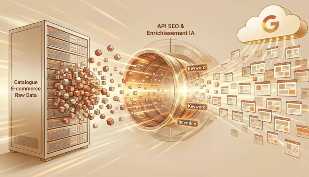 Intégration outils SEO : réussir l’intégration d’un générateur de mots clés IA 1 Illustration conceptuelle du Programmatic SEO montrant une API connectant une base de données produits e-commerce pour générer et optimiser automatiquement des milliers de pages web pour Google.
