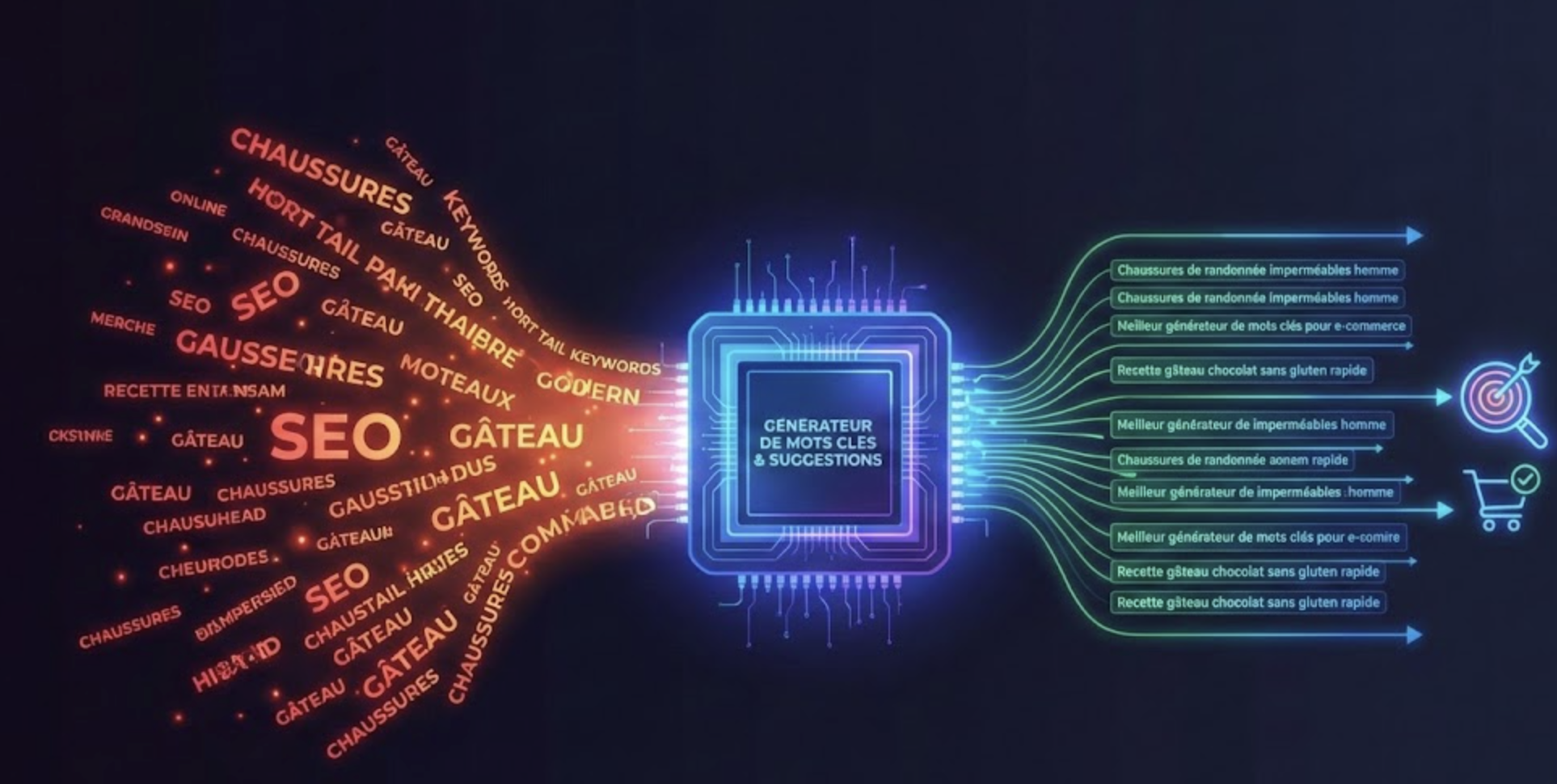 Illustration conceptuelle du processus d'identification des meilleures suggestions longue traîne via un générateur de mots clés, transformant des requêtes génériques en opportunités de trafic qualifié et de conversion SEO.
