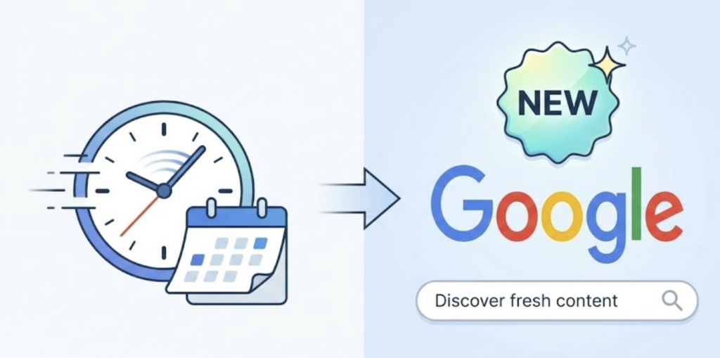 Illustration du concept Google QDF (Query Deserves Freshness) qui privilégie les contenus récents pour certaines requêtes.