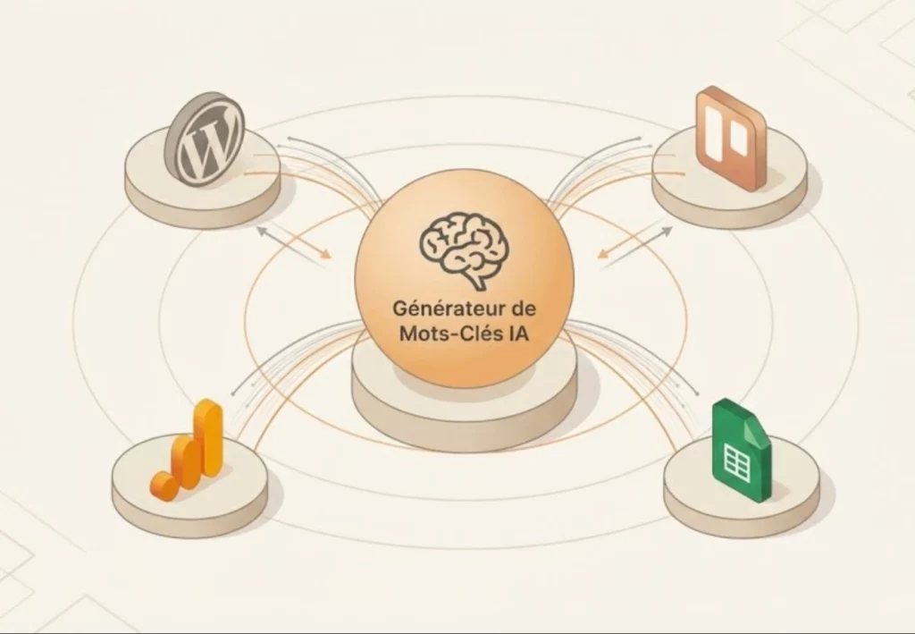 Illustration d'un écosystème SEO intégré montrant un générateur de mots-clés IA central connecté via des flux de données à WordPress, Google Analytics, et des outils de gestion de projet.