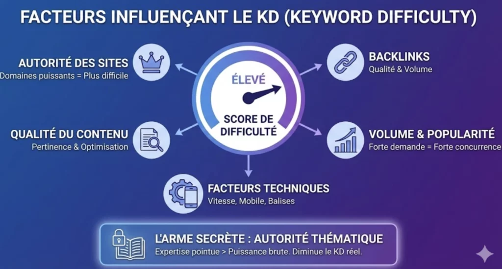 Score difficulté : comprendre et utiliser cet indicateur clé en générateur de mots clés 1 Infographie SEO détaillée illustrant les facteurs clés qui influencent le Score de Difficulté (KD) des mots-clés : Autorité des sites, Backlinks, Qualité du contenu, Volume & Popularité, et Facteurs techniques. Une section finale met en avant l'Autorité Thématique comme une 'arme secrète' pour diminuer la difficulté perçue.