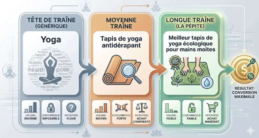 Infographie SEO illustrant le concept de longue traîne avec l'exemple du yoga. Elle montre le passage d'une requête générique à fort volume ('Yoga') à une requête très spécifique ('Meilleur tapis de yoga écologique pour mains moites'), soulignant que cette dernière génère une conversion maximale malgré un volume de recherche plus faible.