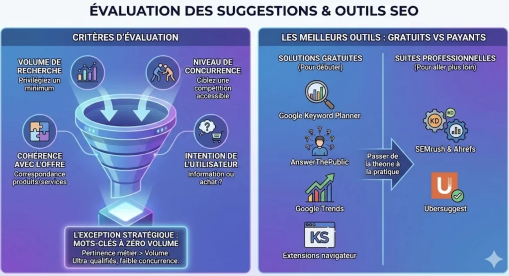 Infographie SEO illustrant les critères clés pour évaluer la pertinence des suggestions de mots-clés (volume, concurrence, intention, cohérence) et présentant un comparatif des meilleurs outils gratuits (Google Keyword Planner, AnswerThePublic) et payants (SEMrush, Ahrefs, Ubersuggest) du marché.