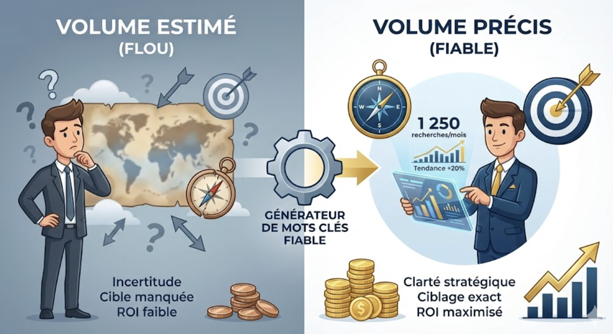 Infographie comparative illustrant l'avantage d'utiliser un générateur de mots clés fiable pour obtenir des volumes de recherche précis. La partie gauche ('Volume Estimé Flou') montre un homme d'affaires confus face à l'incertitude et un faible ROI, tandis que la partie droite ('Volume Précis Fiable') montre un homme d'affaires confiant utilisant des données exactes pour une clarté stratégique, un ciblage exact et un ROI maximisé.