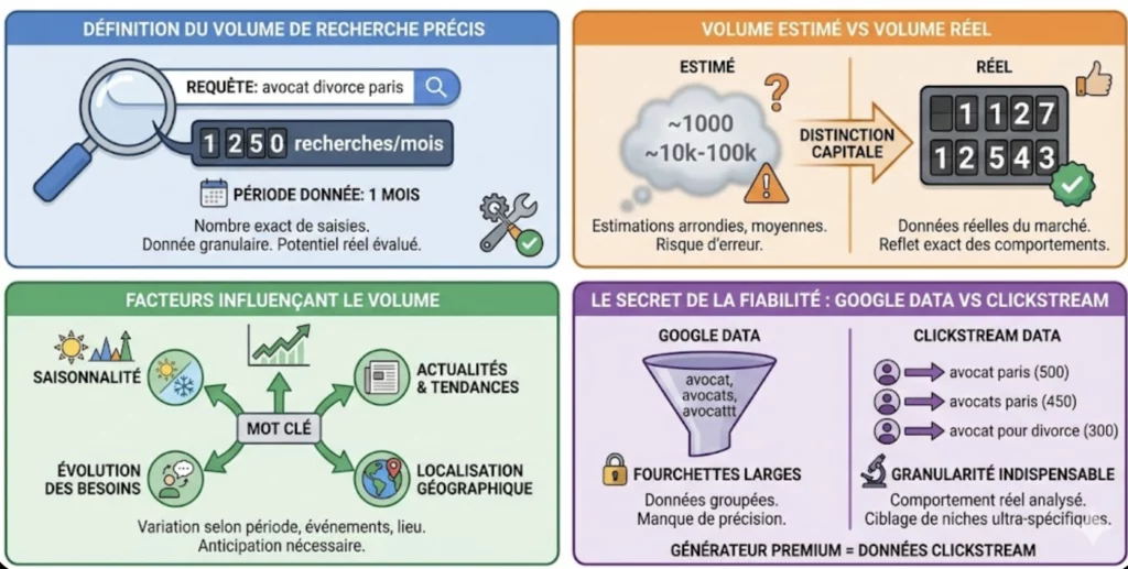 Infographie détaillée expliquant le volume de recherche des mots clés en quatre parties : définition du volume précis, comparaison entre volume estimé et volume réel, facteurs d'influence (saisonnalité, actualités, localisation), et la différence de fiabilité entre les données Google Data et Clickstream Data.