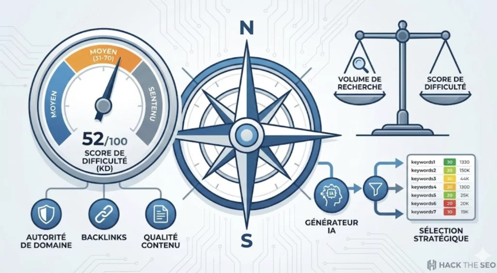 Infographie professionnelle illustrant le Score de Difficulté (KD) en SEO. Une jauge indique un score moyen de 52/100, influencé par l'autorité de domaine, les backlinks et la qualité du contenu. Une boussole centrale et une balance montrent l'équilibre entre volume de recherche et difficulté. Un diagramme à droite détaille la sélection stratégique de mots-clés via un générateur IA et un filtre, classant les mots-clés par score de difficulté et volume.
