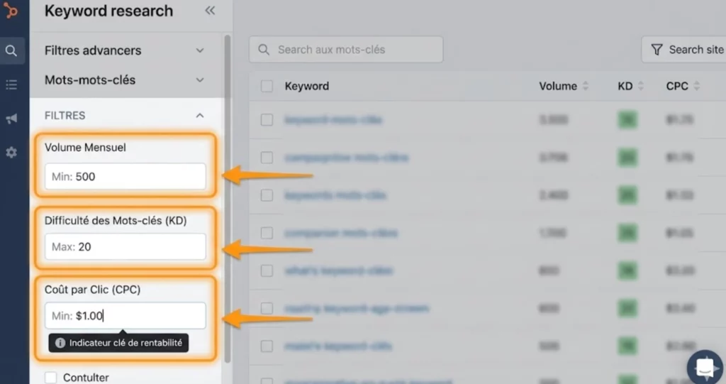 Paramétrage des filtres d'un générateur de mots clés pour trouver une niche rentable : volume, KD et CPC.