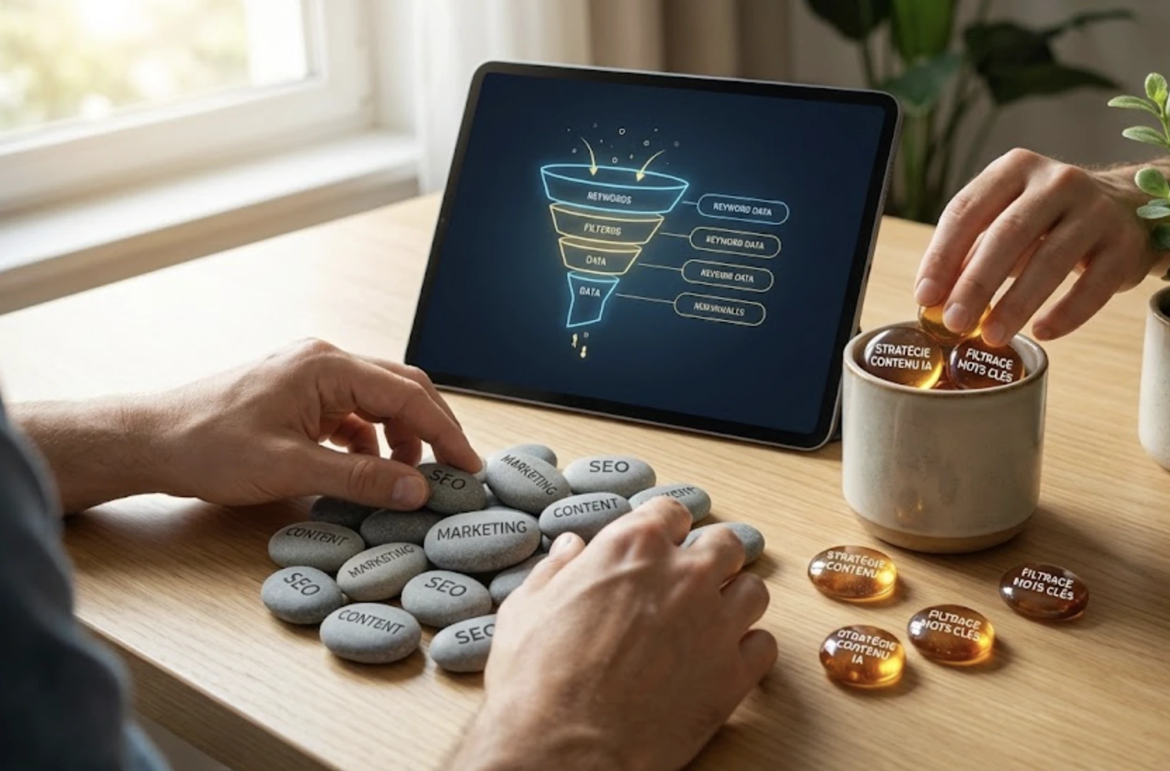 Photographie d'un professionnel sur un bureau en bois utilisant une tablette avec une interface d'analyse IA pour trier des mots-clés, séparant des requêtes génériques ternes de mots-clés de longue traîne précieux et brillants qui favorisent la croissance organique, symbolisée par une plante verte.