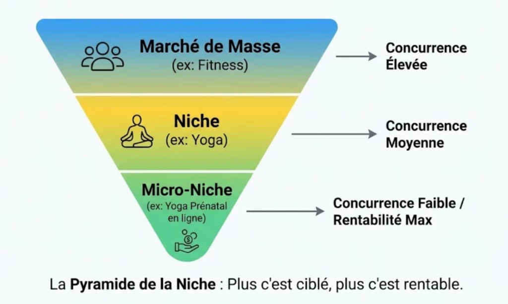 Pyramide illustrant la différence entre marché de masse, niche et micro-niche pour la rentabilité SEO