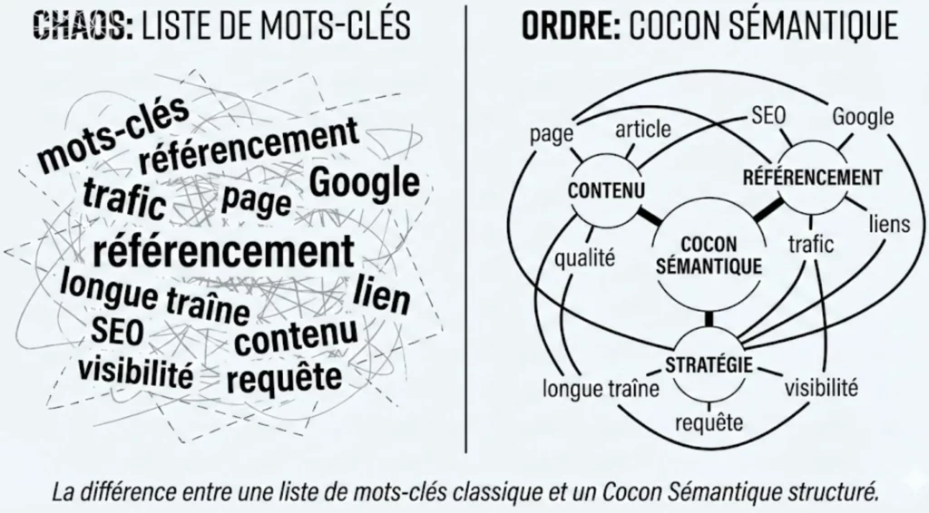 Schéma comparatif montrant la différence entre une liste de mots-clés simple et un cluster sémantique structuré pour le référencement.