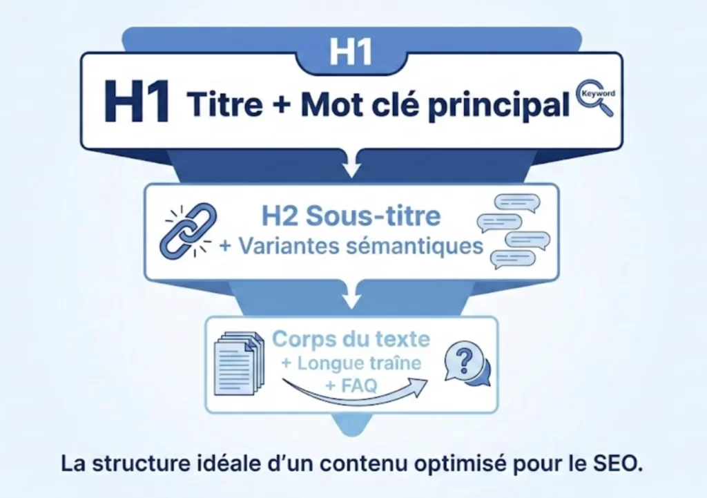 Schéma de la structure idéale dun contenu web optimisé placement du mot-clé principal dans le titre H1, les balises H2 et lintroduction.