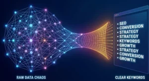 Schéma illustrant le fonctionnement d'une IA SEO qui transforme le Big Data en suggestions de mots-clés exploitables.