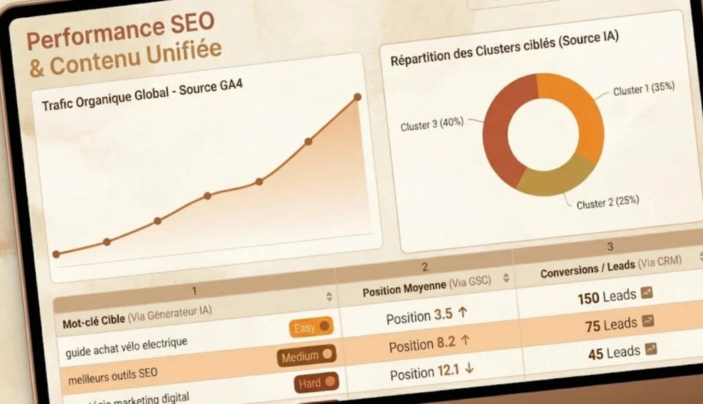 Intégration outils SEO : réussir l’intégration d’un générateur de mots clés IA 3 Tableau de bord analytique unifié (type Looker Studio) centralisant les données de trafic, les positions de mots-clés et les conversions CRM dans une seule interface visuelle.