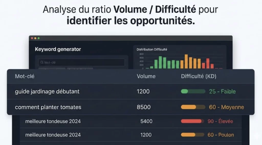Tableau de bord dun générateur de mots clés affichant le volume de recherche mensuel et le score de difficulté SEO (KD) pour filtrer les opportunités.