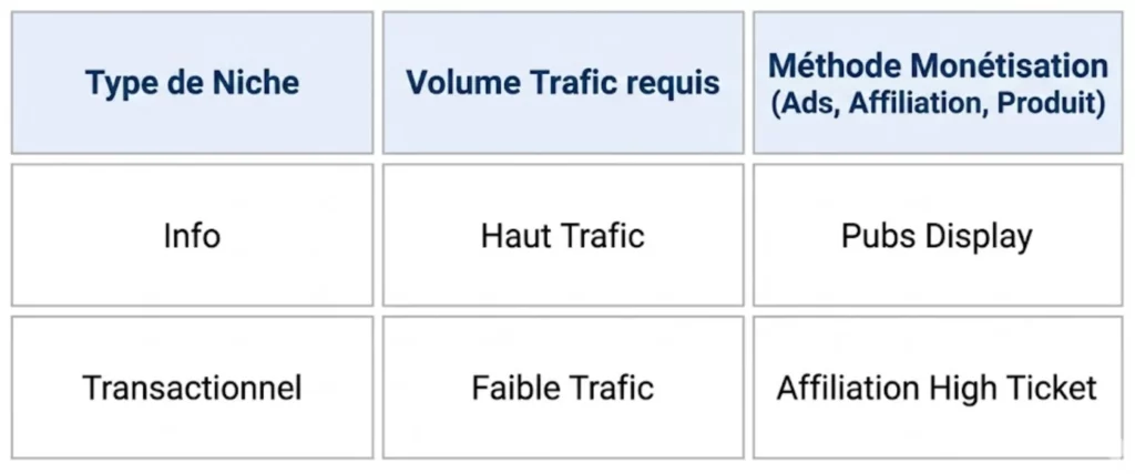 Tableau de correspondance entre le type de niche SEO et la stratégie de monétisation adaptée.