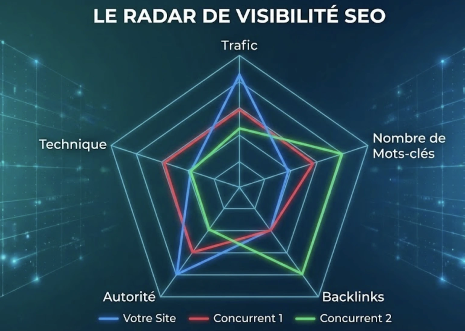 Graphique radar comparant la force SEO globale (trafic, mots-clés, backlinks, autorité) entre un site web et ses principaux concurrents.