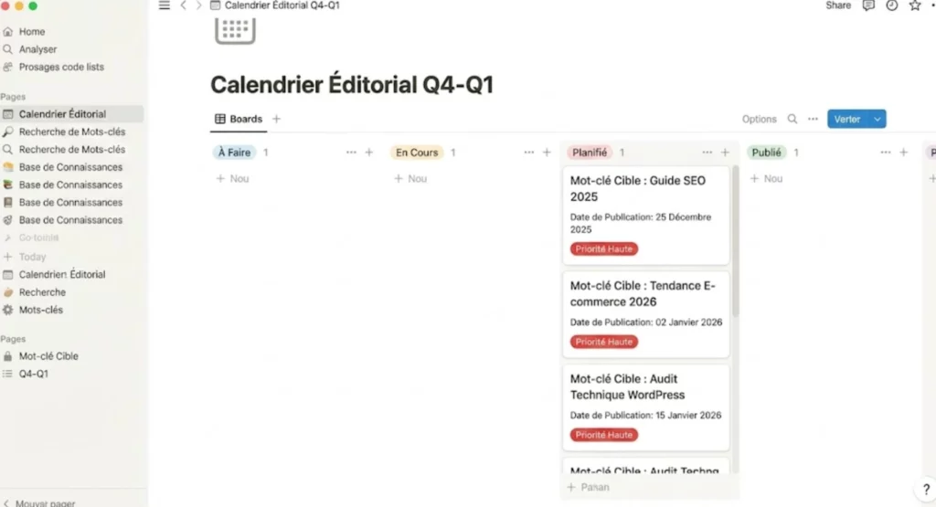 Exemple de calendrier éditorial intégrant les mots-clés prioritaires dans la stratégie de contenu pour les mois à venir.