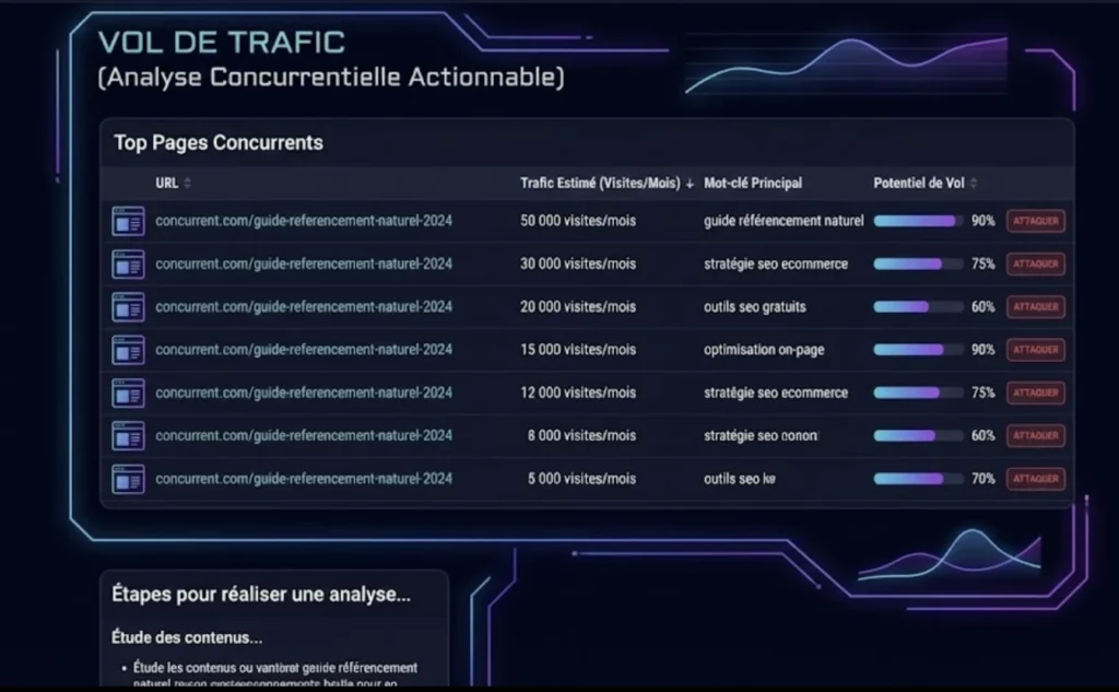 Interface d'un générateur de mots clés affichant la liste des "Top Pages" d'un concurrent triées par volume de trafic organique, pour identifier les contenus à surpasser.