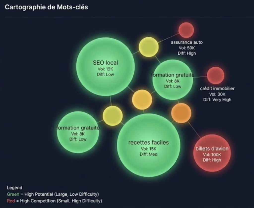 Visualisation graphique de données SEO sous forme de clusters sémantiques colorés pour faciliter l'analyse rapide.