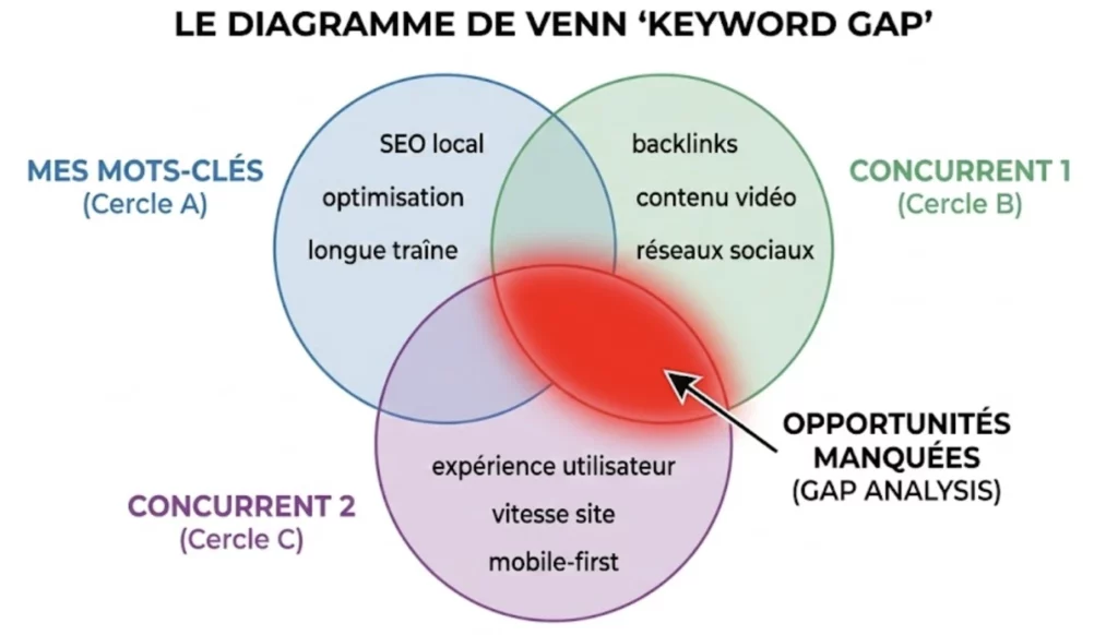 Diagramme de Venn illustrant une analyse d'écart de mots-clés (Keyword Gap Analysis), mettant en évidence les opportunités sémantiques communes aux concurrents mais manquantes sur votre site.