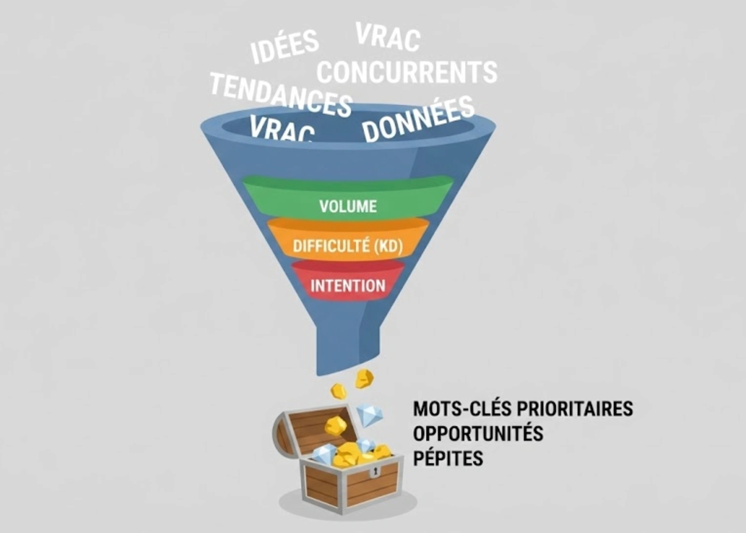 Schéma en entonnoir illustrant le processus de filtrage et de priorisation des mots-clés SEO pour ne conserver que les plus rentables.