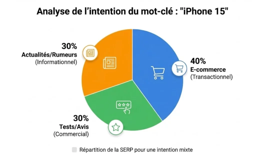 Analyse intention recherche : comment l’IA transforme la sélection de mots-clés 2 Graphique illustrant une intention de recherche mixte (ou fracturée) où Google affiche à la fois des résultats informatifs et transactionnels.