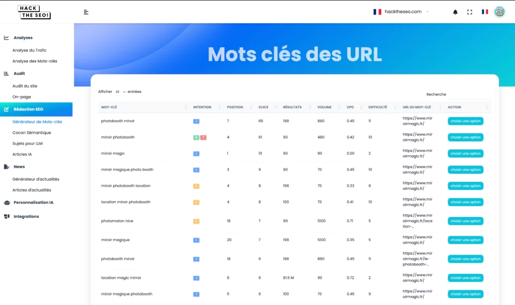 Analyse intention recherche : comment l’IA transforme la sélection de mots-clés 3 Tableau de bord d'un générateur de mots-clés IA affichant la classification automatique des intentions de recherche pour chaque requête.