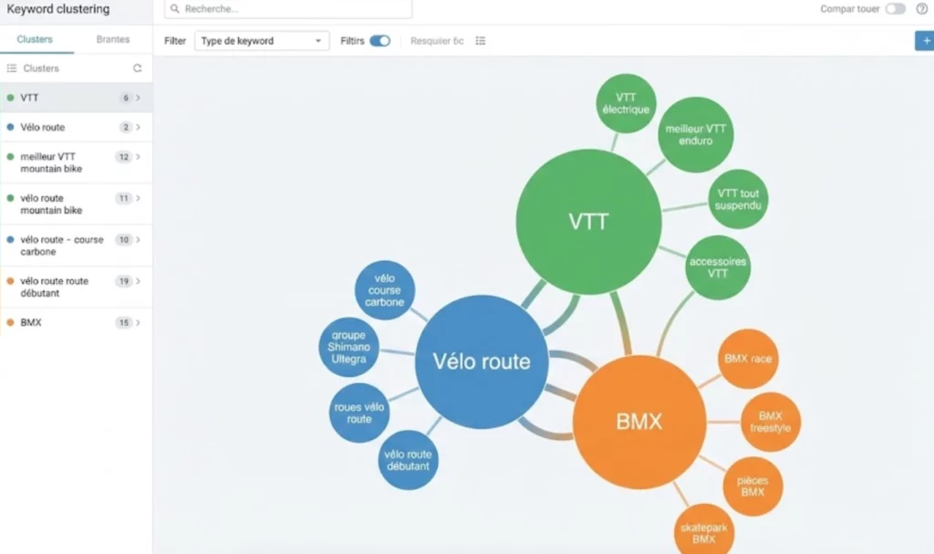 Visualisation de clusters sémantiques générés automatiquement par une IA SEO pour structurer le contenu.