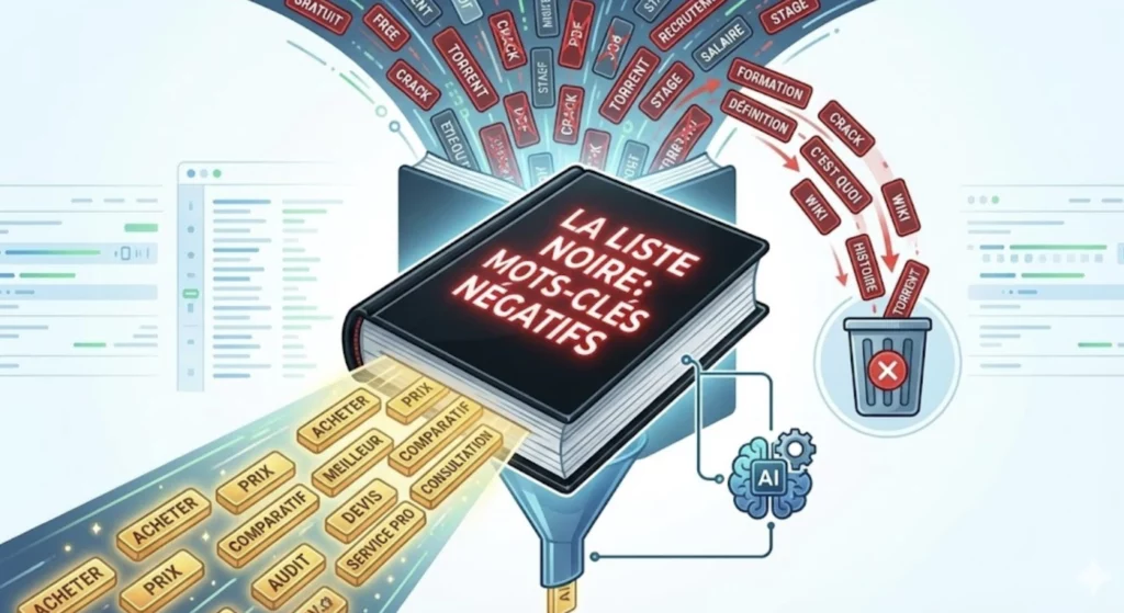 Filtrage mots clés : techniques avancées et générateurs IA pour booster votre SEO 2 Illustration du processus de filtrage de la liste noire des mots-clés négatifs en SEO. Un livre intitulé 'LA LISTE NOIRE' filtre un flux de mots-clés, rejetant les termes non transactionnels comme 'GRATUIT', 'TORRENT', 'JOB' ou 'WIKI' dans une poubelle, tandis que l'IA aide à ne laisser passer que des termes précieux comme 'ACHETER' ou 'DEVIS'.