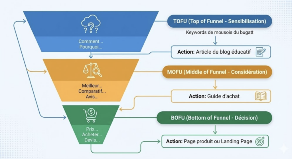 Filtrage mots clés : techniques avancées et générateurs IA pour booster votre SEO 3 Infographie stratégique du mapping de mots-clés SEO dans l'entonnoir de vente : classification des requêtes en TOFU (Sensibilisation/Blog), MOFU (Considération/Guides d'achat) et BOFU (Décision/Pages produits) pour maximiser la conversion.