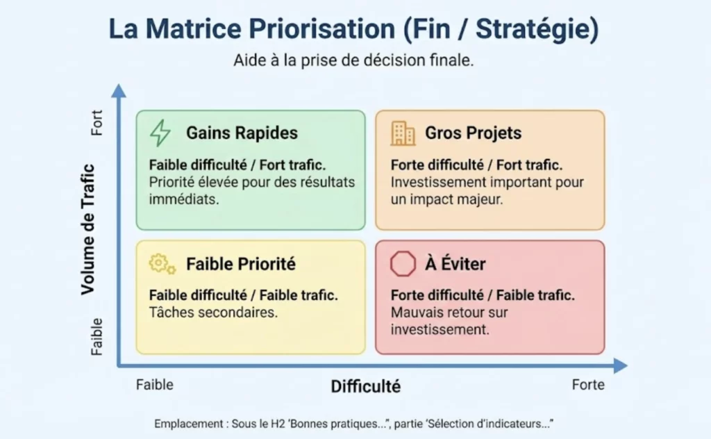 Matrice stratégique SEO pour prioriser les actions, classant les opportunités de mots-clés selon leur potentiel de trafic (impact) et leur difficulté (effort).