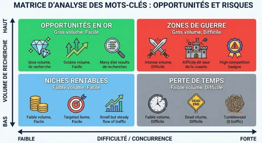 Matrice stratégique comparant le volume de recherche et la difficulté SEO (KD) pour identifier les meilleures opportunités de positionnement.