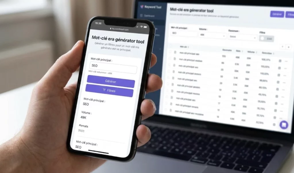 Démonstration de l'accessibilité mobile (Responsive Design) d'un générateur de mots clés pour une utilisation fluide sur smartphone.