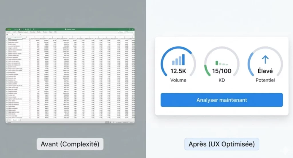Comparaison visuelle entre un tableur de données SEO brut et une interface utilisateur optimisée (UX) pour la recherche de mots-clés.