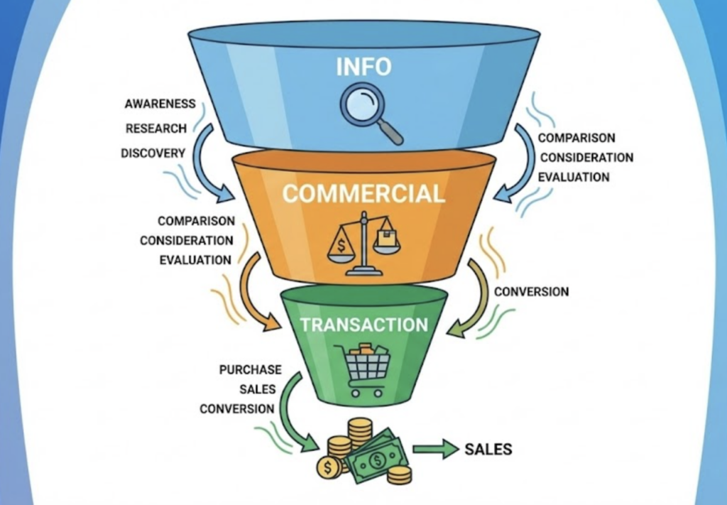 Alt Entonnoir de conversion SEO montrant les différents types de mots-clés informationnels, commerciaux et transactionnels.