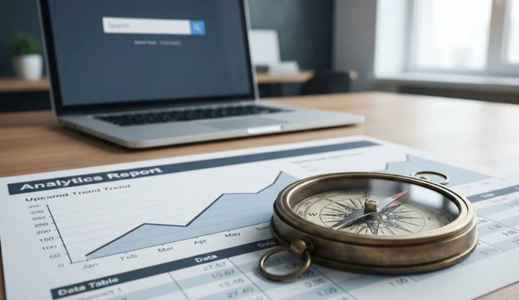 Boussole posée sur un rapport de performance SEO illustrant l'importance du suivi de positionnement pour guider la stratégie digitale