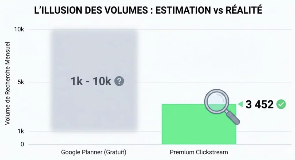 Outils gratuits vs premium : comment choisir son générateur de mots clés pour performer ? 1 Comparaison de la précision des volumes de recherche : une estimation floue pour les outils gratuits contre une donnée exacte pour les outils premium.
